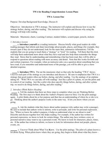 1 TWA for Reading Comprehension: Lesson Plans TWA- Lesson ...