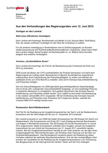 Aus den Verhandlungen des Regierungsrates vom 12 ... - Glarus24.ch