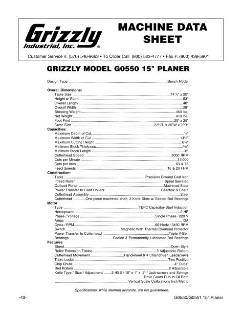 15" PLANER INSTRUCTION MANUAL - Grizzly Industrial Inc.