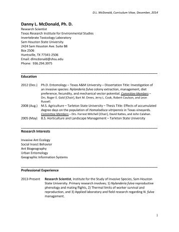 to view Dr. Danny McDonald's CV - Institute for the Study of Invasive ...