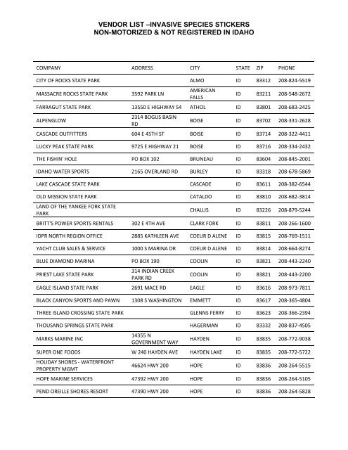 Vendor List A Invasive Species Stickers Non Motorized Vendor List A Invasive Species Stickers Non Motorized