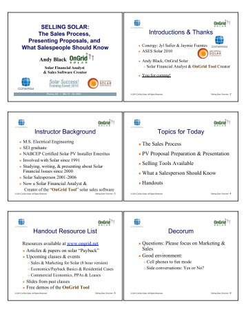 Introductions & Thanks Instructor Background Topics ... - OnGrid Solar