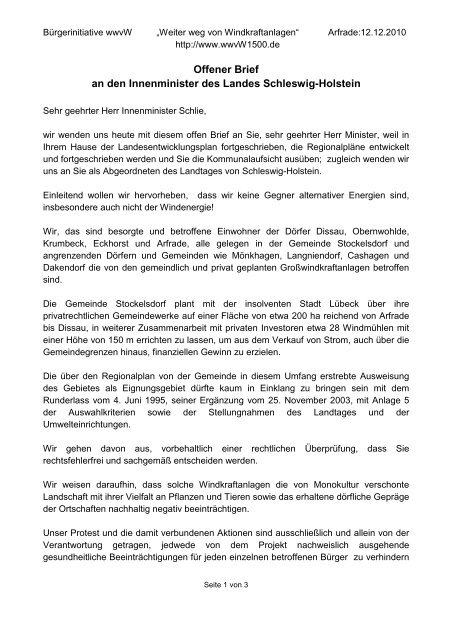 Offener Brief an den Innenminister des Landes ... - wwvW1500.de