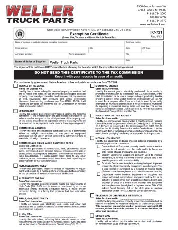 Utah Tax Exemption Form - weller truck parts