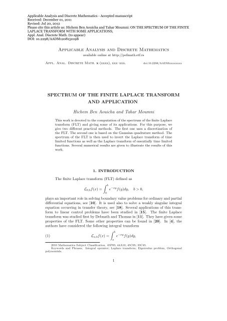 Applicable Analysis and Discrete Mathematics SPECTRUM OF THE ...