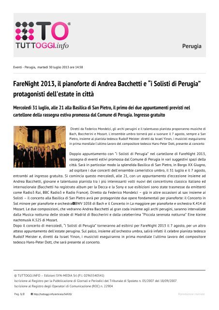 FareNight 2013, il pianoforte di Andrea Bacchetti e âi ... - Tuttoggi