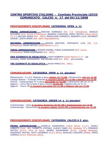 CENTRO SPORTIVO ITALIANO - Comitato Provinciale ... - CSI Lecco