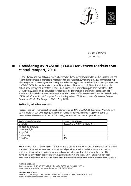 NASDAQ OMX som central motpart - Finansinspektionen