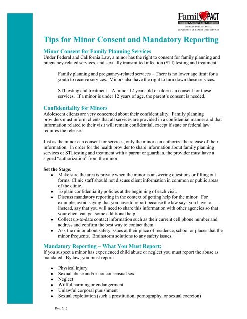 Tips for Minor Consent and Mandatory Reporting - Family PACT