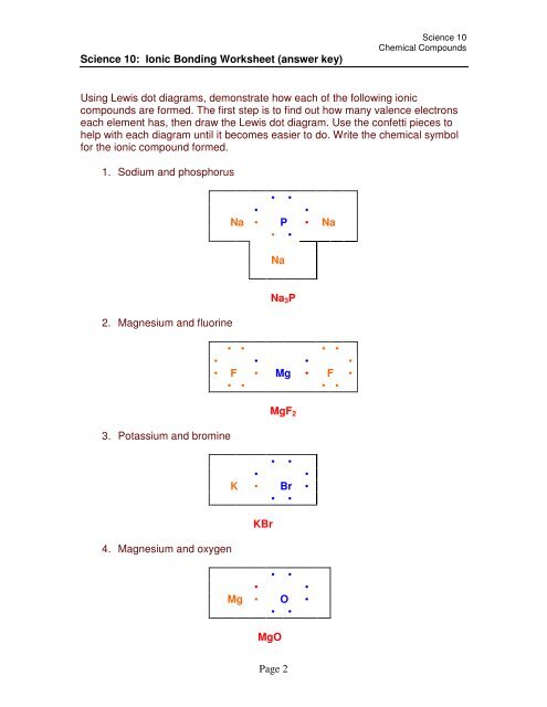 Page 2 Science 10: Ionic Bonding Worksheet (answer key) Using 