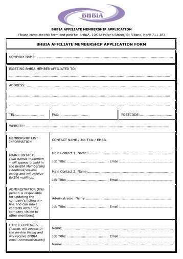 BHBIA AFFILIATE MEMBERSHIP APPLICATION