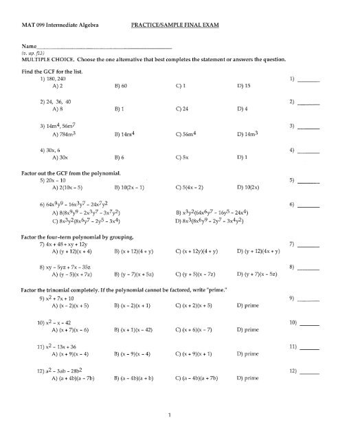 MAT 099 Intermediate Algebra