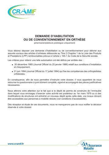 Demande d'habilitation ou de conventionnement en orthÃ¨se - CRAMIF