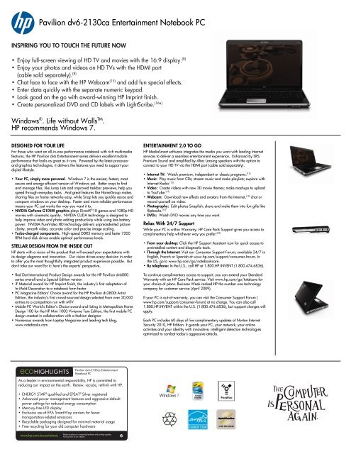 Pavilion Dv6-2130ca Entertainment Notebook PC - HP - Hewlett ...