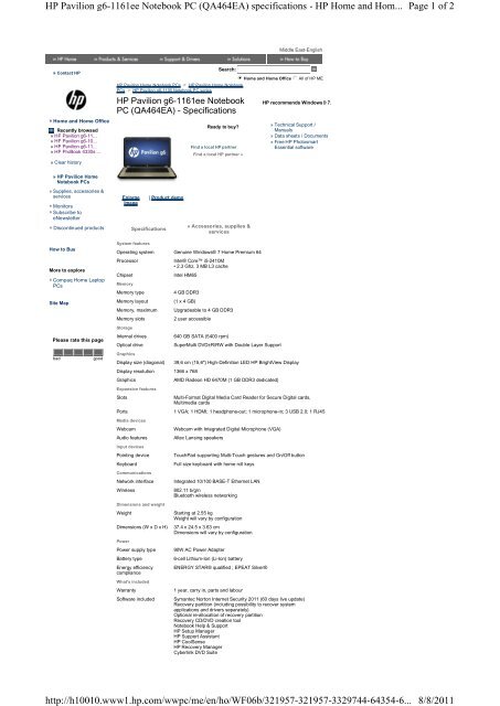 Page 1 Of 2 Hp Pavilion G6 1161ee Notebook Pc Qa464ea Page 1 Of 2 Hp Pavilion G6 1161ee Notebook Pc Qa464ea