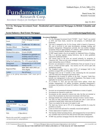 Tri City Mortgage Investment Fund - Fundamental Research Corp.