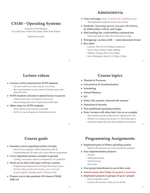 CS140 â Operating Systems Administrivia Lecture videos Course ...