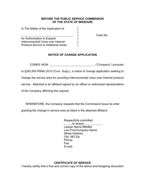 Notice of Change Form for VoIP - Missouri Public Service Commission