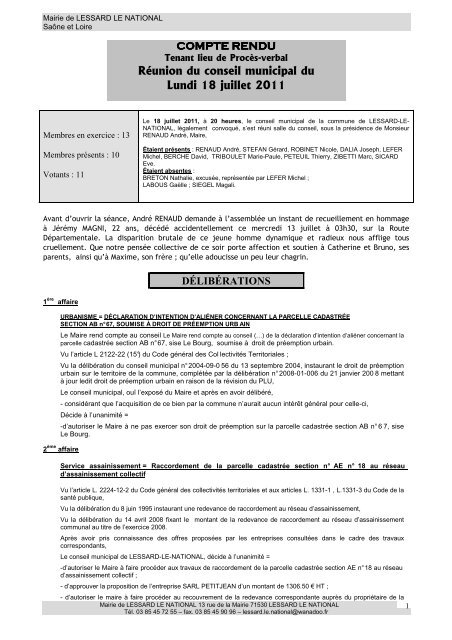 Réunion du conseil municipal du Lundi 18 juillet 2011 - Lessard-le ...