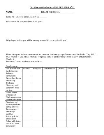 Returning Link Crew Application 2011 - Mountain Vista High School