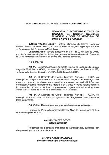 Decreto Executivo 082 Regimento Interno GGi-M, em 29 de agosto