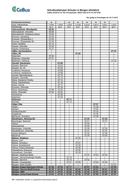 Schulbusfahrplan Schulen in Bergen (Hinfahrt) - CeBus