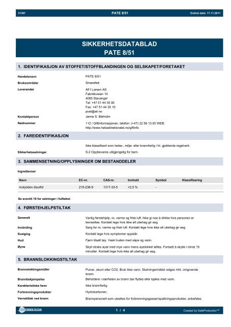 SIKKERHETSDATABLAD PATE 8/51 - Alf I. Larsen AS