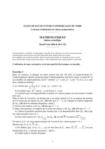 PrÃ©pas 2006 - maths S sujet corrigÃ© - EDHEC Grande Ecole