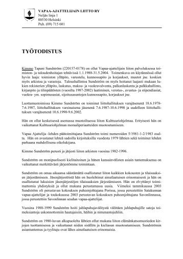 27. Kimmo SundstrÃ¶min tyÃ¶todistus - PÃ¤Ã¤kaupunkiseudun ateistit ry