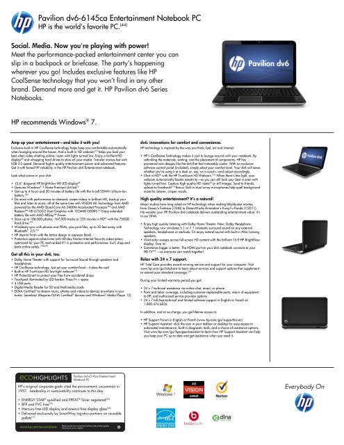 Pavilion dv6-6145ca Entertainment Notebook PC - HP - Hewlett ...