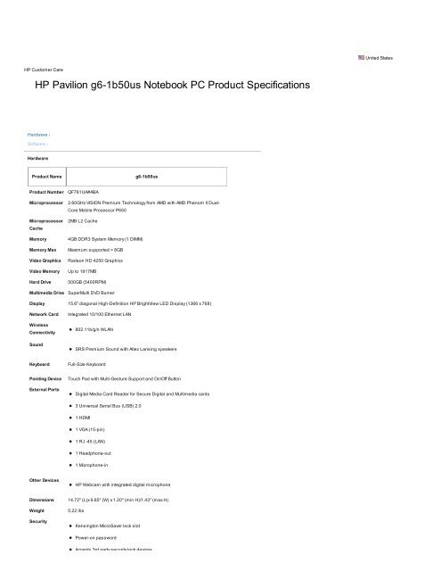 Hp Pavilion G6 1b50us Notebook Pc Product Specifications Walmart