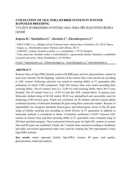 Utilization of OGU-INRA Hybrid System in Winter Rapeseed Breeding