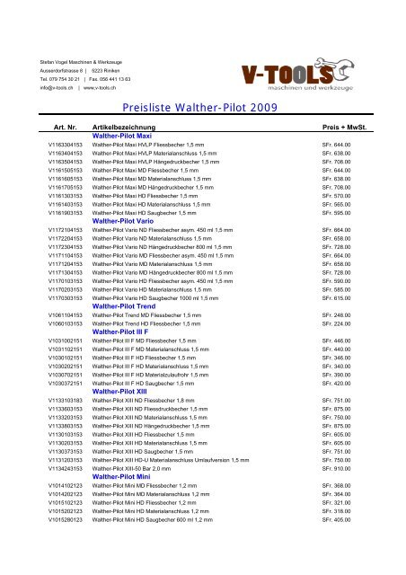 Preisliste Walther-Pilot 2009 V-Tools