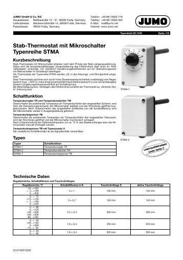 Stab-Thermostat mit Mikroschalter Typenreihe STMA - Jumo