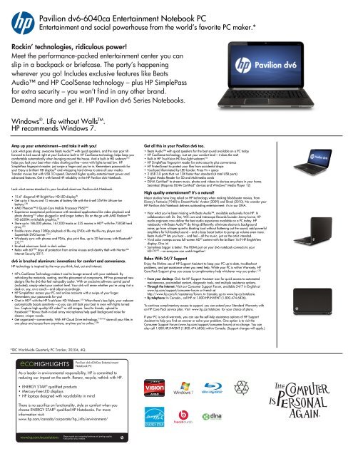 Pavilion dv6-6040ca Entertainment Notebook PC - HP - Hewlett ...