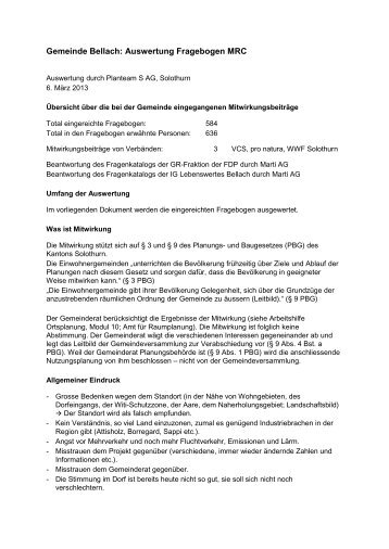 Gemeinde Bellach: Auswertung Fragebogen MRC