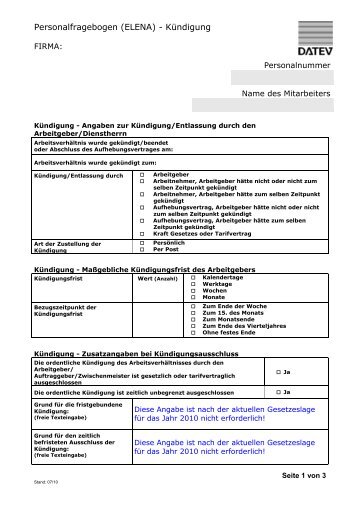 Personalfragebogen (ELENA) - KÃ¼ndigung