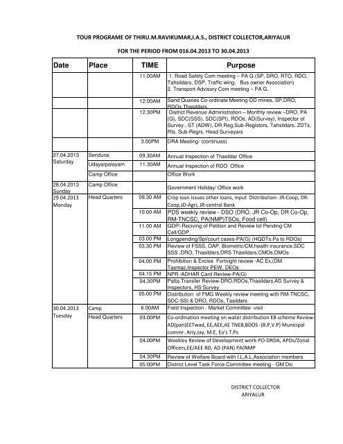 tour programme 16.04.2013 TO 30.04.2013 .xlsx - Ariyalur District