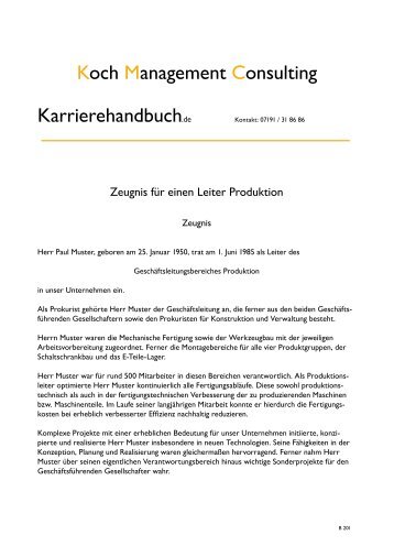 Zeugnis fÃ¼r einen Leiter Produktion - Koch Management Consulting