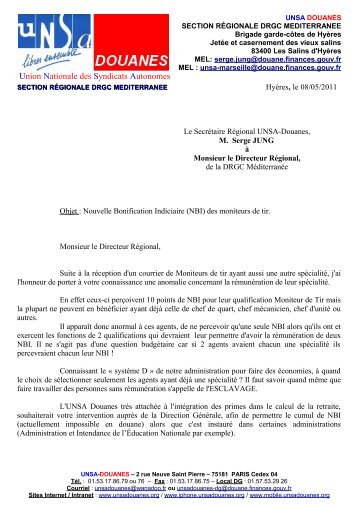 Lettre au DR : RÃ©munÃ©ration des moniteurs de Tir - UNSA Douanes