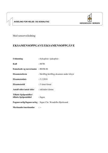 Sykepleie Sensorveiledning BS5B 06 050210 - For studenter