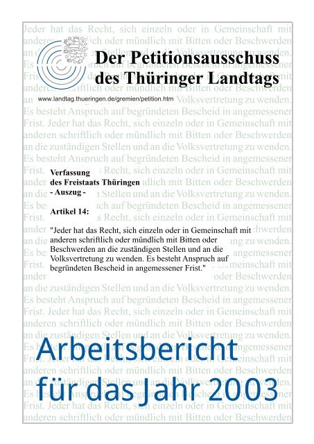 Arbeitsbericht fÃ¼r das Jahr 2003 - ThÃ¼ringer Landtag