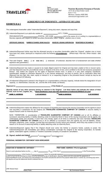 agreement of indemnity / affidavit of loss - Travelers Canada