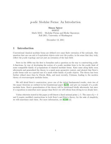 p-adic Modular Forms: An Introduction - University of Washington