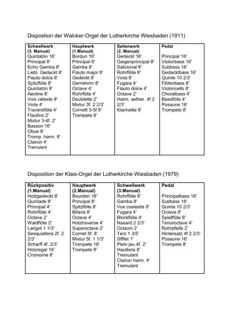 Dispostion der Walcker-Orgel der Lutherkirche Wiesbaden (1911 ...