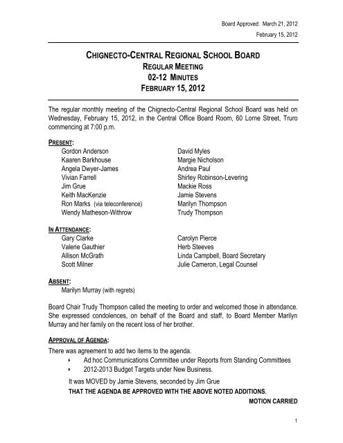 February 15, 2012 Board Meeting Minutes - Chignecto-Central ...