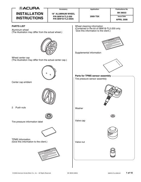 INSTALLATION INSTRUCTIONS - Bernardi Acura Parts & Accessories