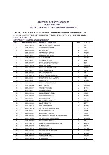 to view: 2011/2012 CERTIFICATE PROGRAMME ADMISSION List