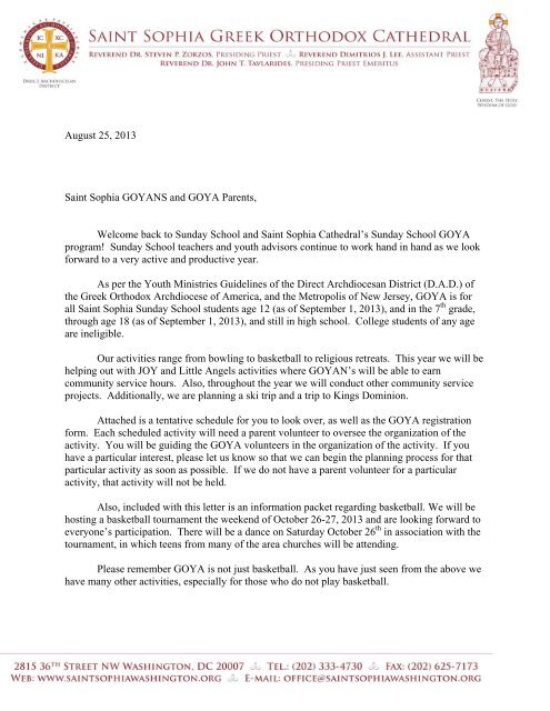 Goya Welcome Letter And Calendar Saint Sophia Greek Orthodox