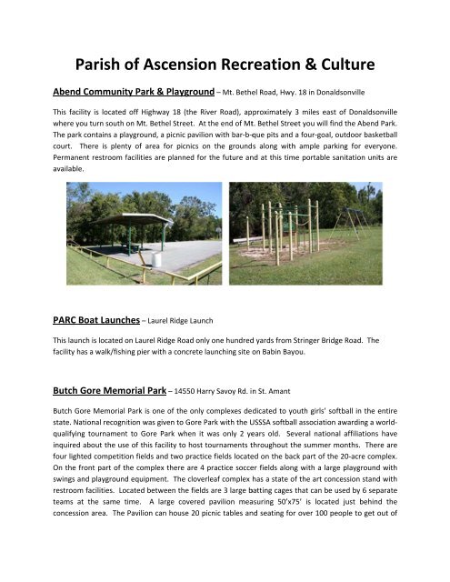 To Read About What Each Park Ascension Parish